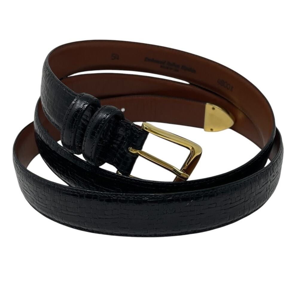 Torino Embossed Italian Kipskin Leather Belt Solid Brass Black Sz 54 USA Made